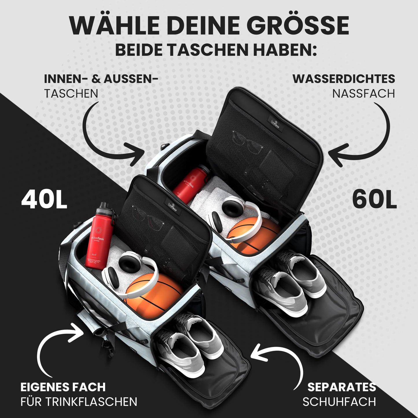 Спортна чанта, тренировъчна чанта с функция раница, отделение за обувки, отделение за мокри предмети | Пътна чанта 40/60 литра